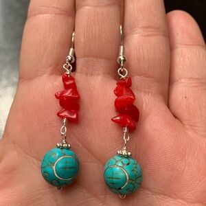 ⭐️2/$10 Red Coral Chips and Turquoise Silver Handcrafted Dangle Earrings
